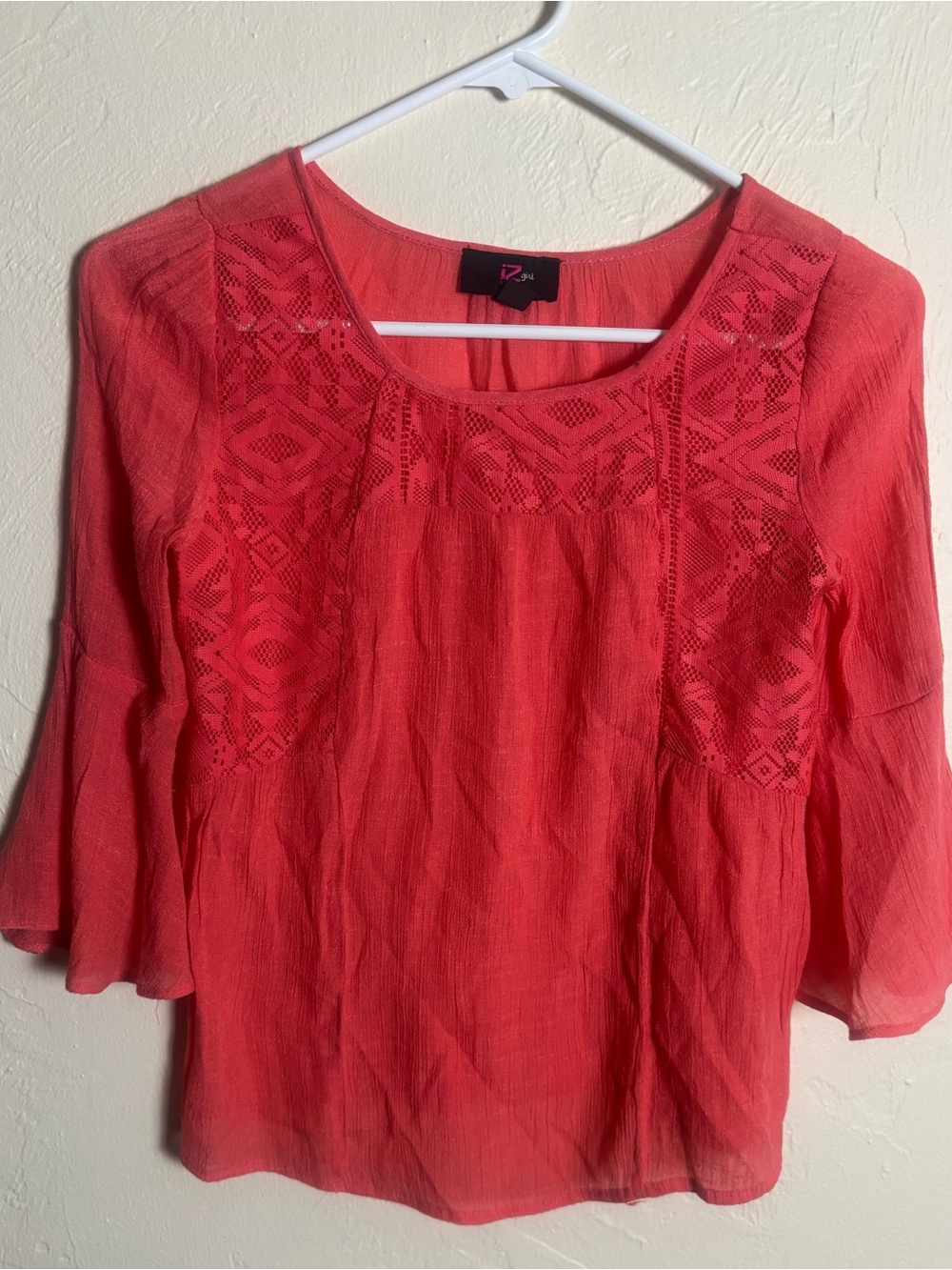 Girls | Iz Byer | Dark Pink Lace-Panel Top | Flutter-Sleeve